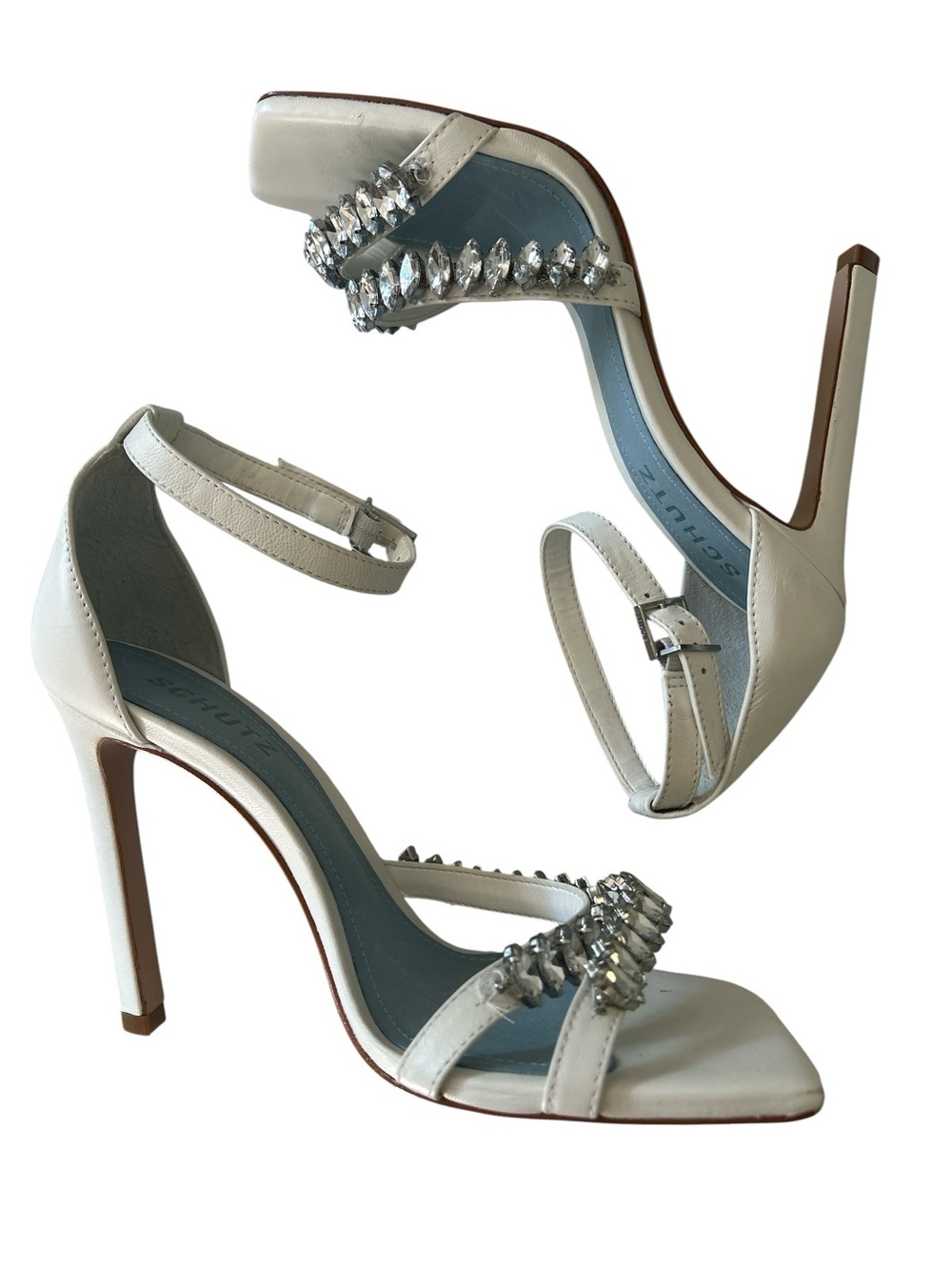 SCHUTZ Linsey White Leather Rhinestone Ankle Strap High Heel Stiletto Sandals 7 - Picture 4 of 13